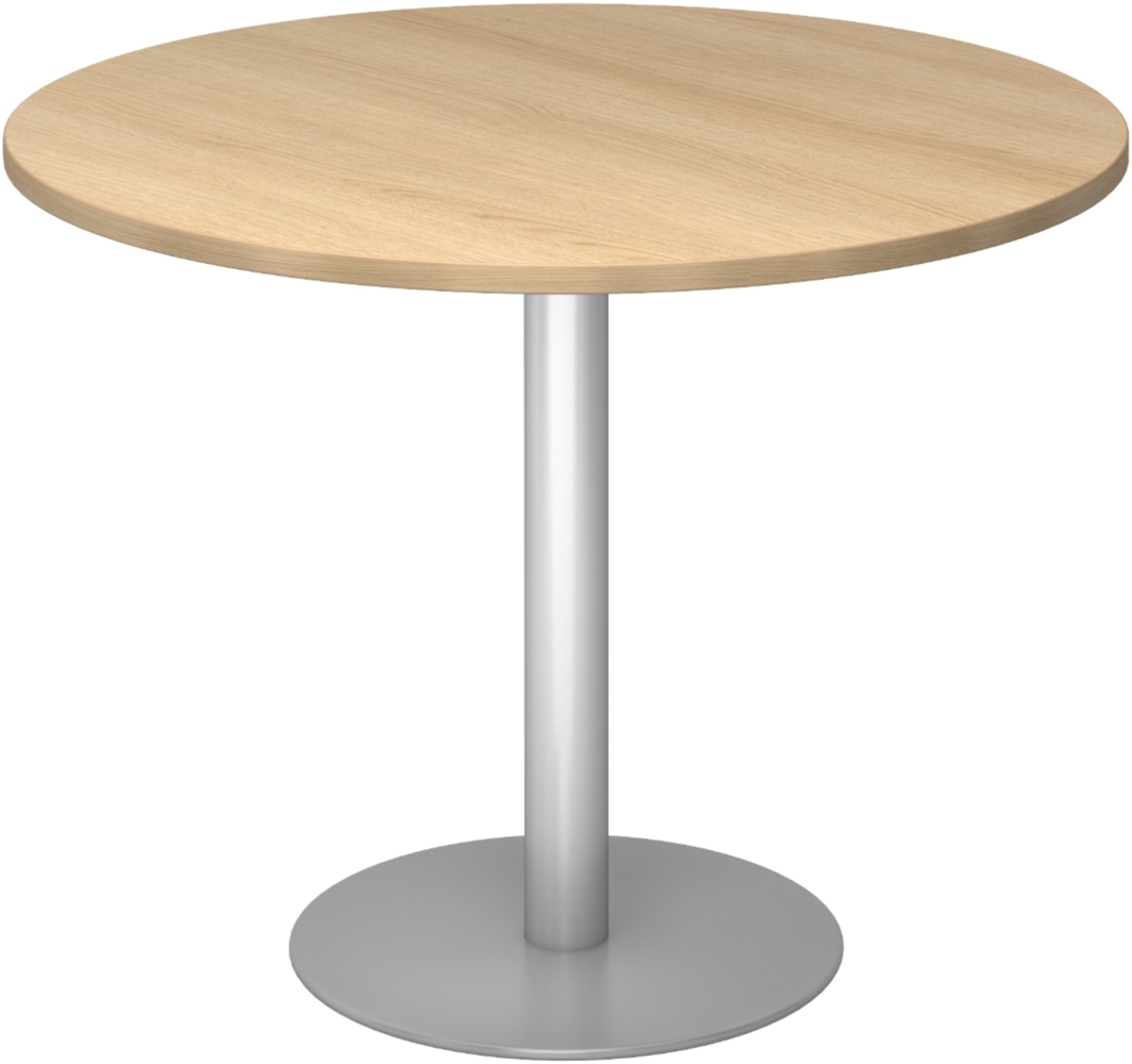 bümö Besprechungstisch, Esstisch klein, Tisch rund 100 cm - kleiner Esstisch Eiche, Rundtisch Esstisch 2 Personen mit Holz-Platte, Säule aus Metall in silber, Konferenztisch, Bistrotisch, STF10-E-S Bild 1