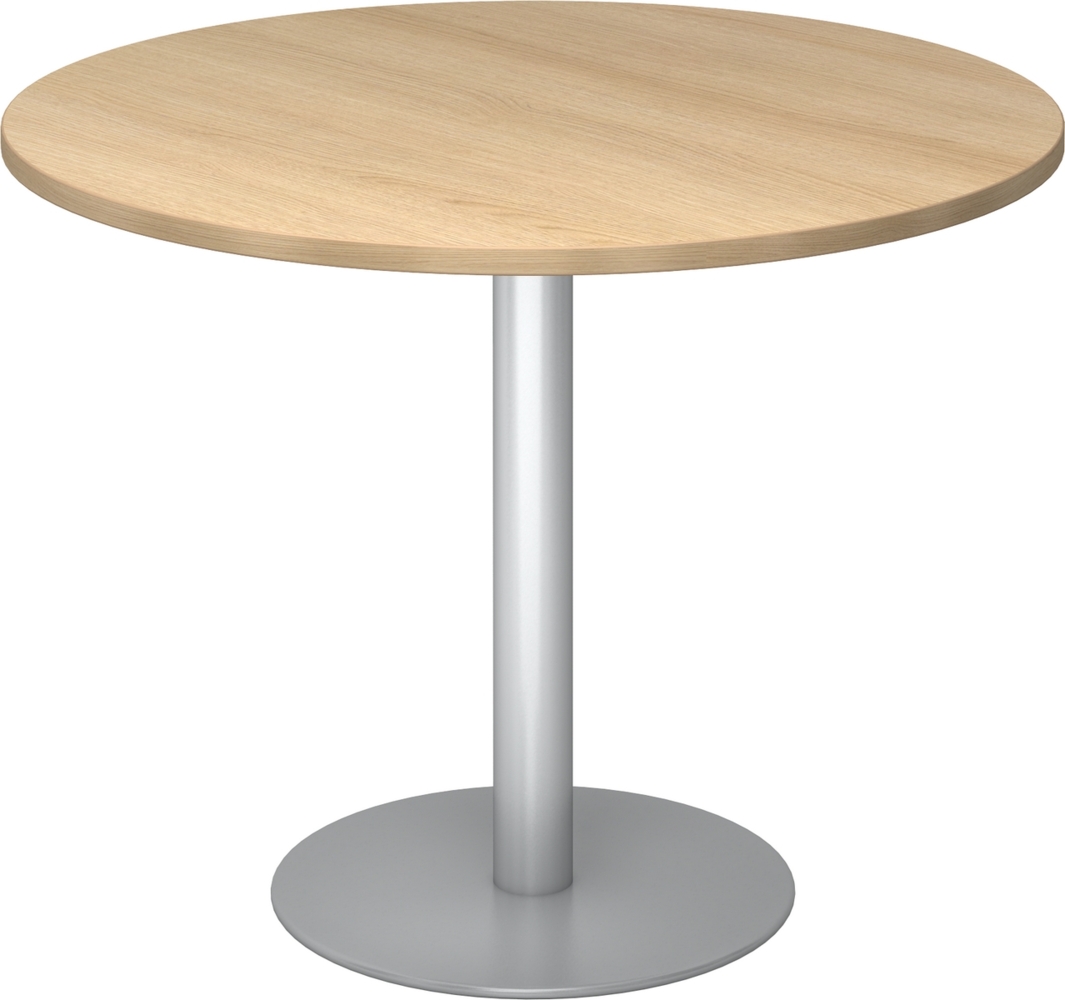 bümö Besprechungstisch, Esstisch klein, Tisch rund 100 cm - kleiner Esstisch Eiche, Rundtisch Esstisch 2 Personen mit Holz-Platte, Säule aus Metall in silber, Konferenztisch, Bistrotisch, STF10-E-S Bild 1