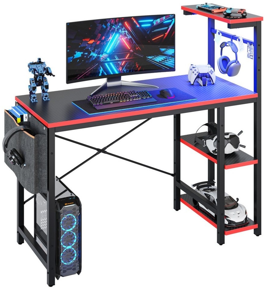 Bestier Gamingtisch Gaming Schreibtisch mit Regalen (Computertisch mit LED-Beleuchtung, 1 Tisch), 113*113*50 cm Gaming tisch mit Headset-Haken für Büro Kleiner Raum Bild 1