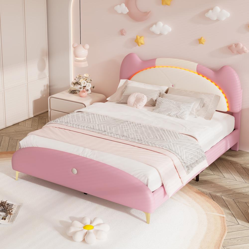 Merax Polsterbett Kinderbett Doppelbett 140x200cm mit LED-Streifen und Eck-Form Kopfteil, Beige+Rosa Bild 1