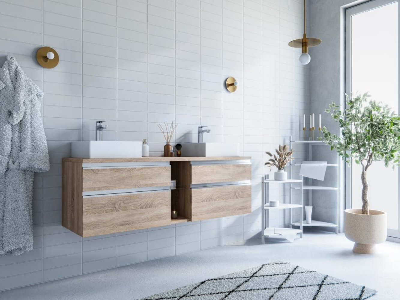 Vente-unique - Waschbeckenunterschrank hängend mit Doppelwaschbecken - Naturfarben hell - 150 cm - MAGDALENA II Bild 1