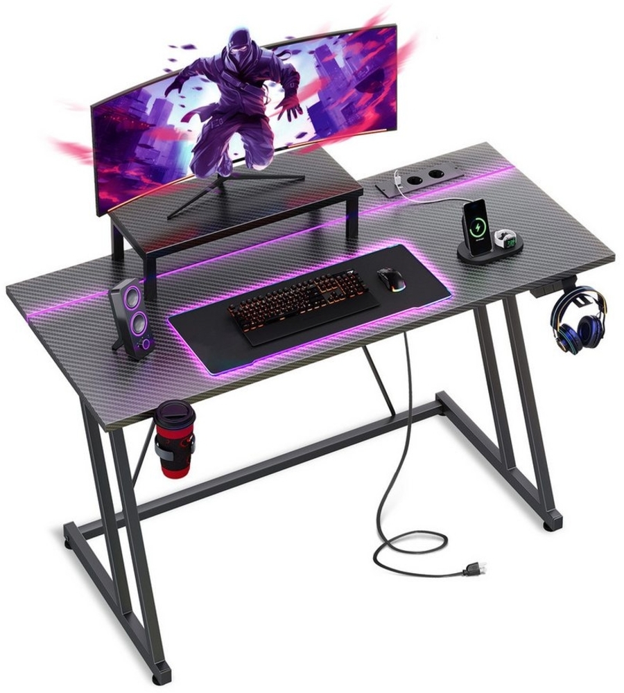 ODK Gamingtisch mit LED, Steckdose und Abnehmbarem Monitorregal (1 Tisch), 100×50cm, schwarz Bild 1