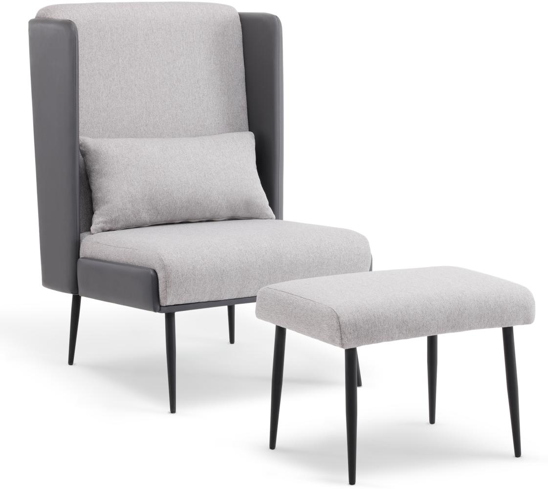 M MCombo Ohrensessel mit Hocker, Polstersessel Relaxsessel für Wohnzimmer, Lesesessel Bequem, Loungesessel Modern, Stoff/Kunstleder 4707 (Grau) Bild 1