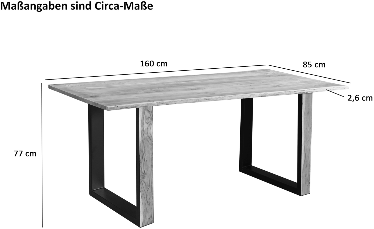 SAM Baumkantentisch Akazie massiv naturfarben schwarzem U-Gestell aus Metall + Holz MELBOURNE, (L)160cm x (B)85cm x (H)77cm Bild 1