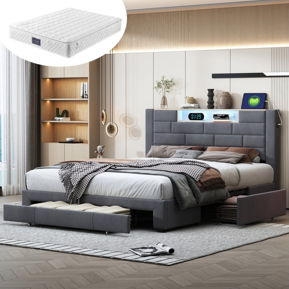 Furnishings Home Polsterbett Stauraumbett Doppelbett (Mit Matratze) (7-Zonen Federkernmatratze), Doppelbett, Mit LED-Beleuchtung, Lattenrost, Samt, 140x200 cm Bild 1