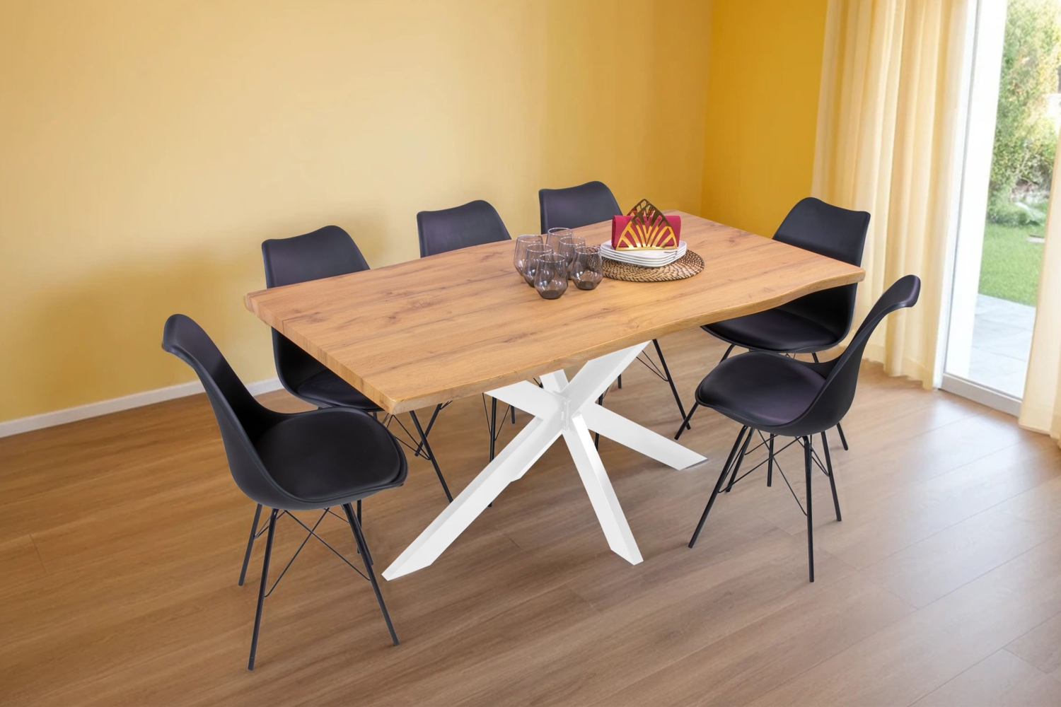 Esstisch Baumkante Holz-Optik Wildeiche 160 x 85 Spider-Gestell weiß JOSY 142463971 Bild 1