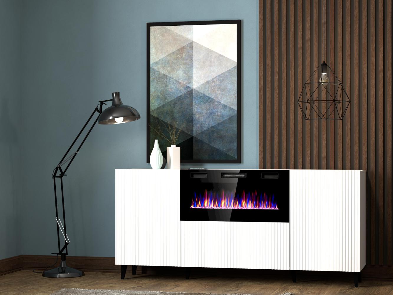 Domando Sideboard Carducci M3 Modern Breite 182cm, edel gefräste Fronten, Elektrokamin mit Farbwechsel, Dimmer und Timer in Weiß Matt Bild 1