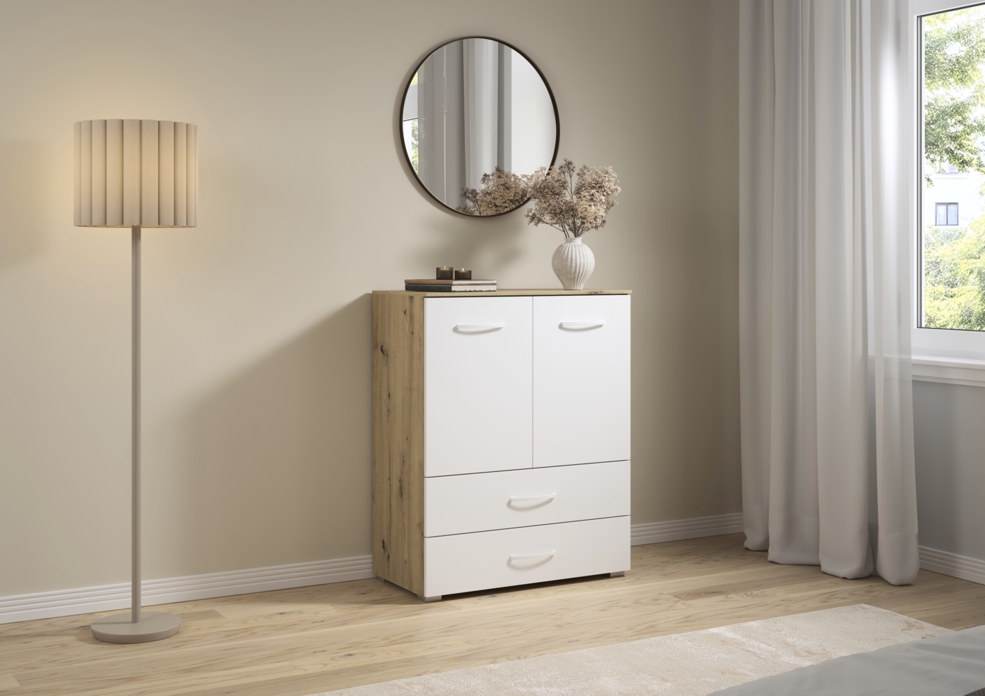 rauch Aditio Box, Kommode, 2-türig, 2 Schubladen, mit Softclose-Funktion, Farbe Weiß/Eiche Artisan, BxHxT 80x100x42cm Bild 1