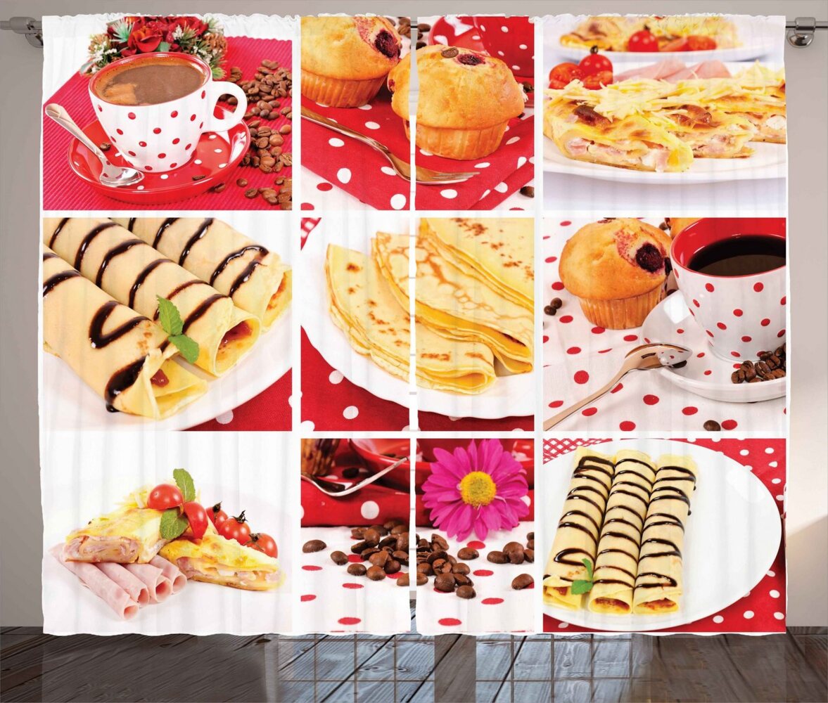 Abakuhaus Gardine Schlafzimmer Kräuselband Vorhang mit Schlaufen und Haken, Kaffee Bäckerei Collage Foto Bild 1