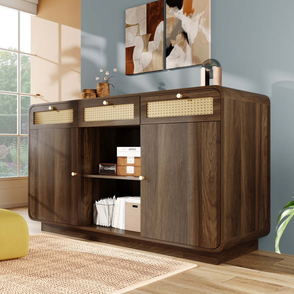 Sideboard, Kommode 120 cm Nussbaum Schubladenschrank mit Rattan und Goldgriffen 3 Schubladen 2 Schränke offenes Regal höhenverstellbare Einlegeböden, Holz+Rattan+Metall, Nussbaum, 120×40×85 cm Bild 1