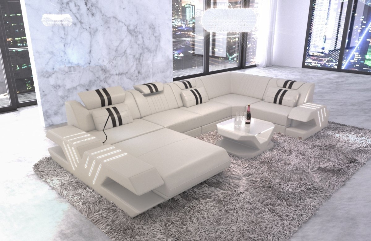 Sofa Dreams Wohnlandschaft Venedig U Form Leder, Couch, mit LED, wahlweise mit Bettfunktion als Schlafsofa, Designersofa Bild 1