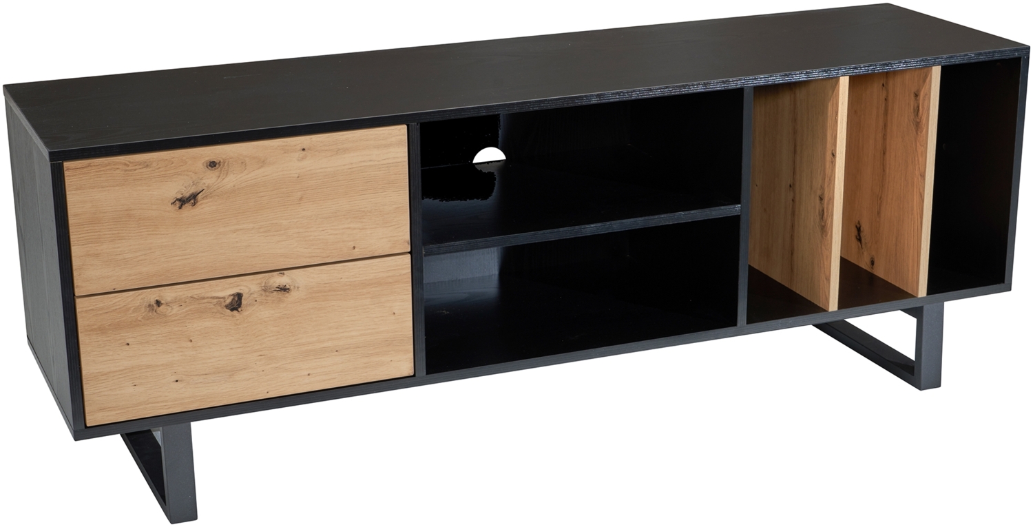 Lowboard Schwarz mit Eiche-Dekor 150 x 55 x 40 cm TV-Kommode Modern, Design TV-Schrank Hoch, Fernsehtisch Fernsehschrank mit Schubladen & Regal, Fernsehkommode Wohnzimmer Bild 1