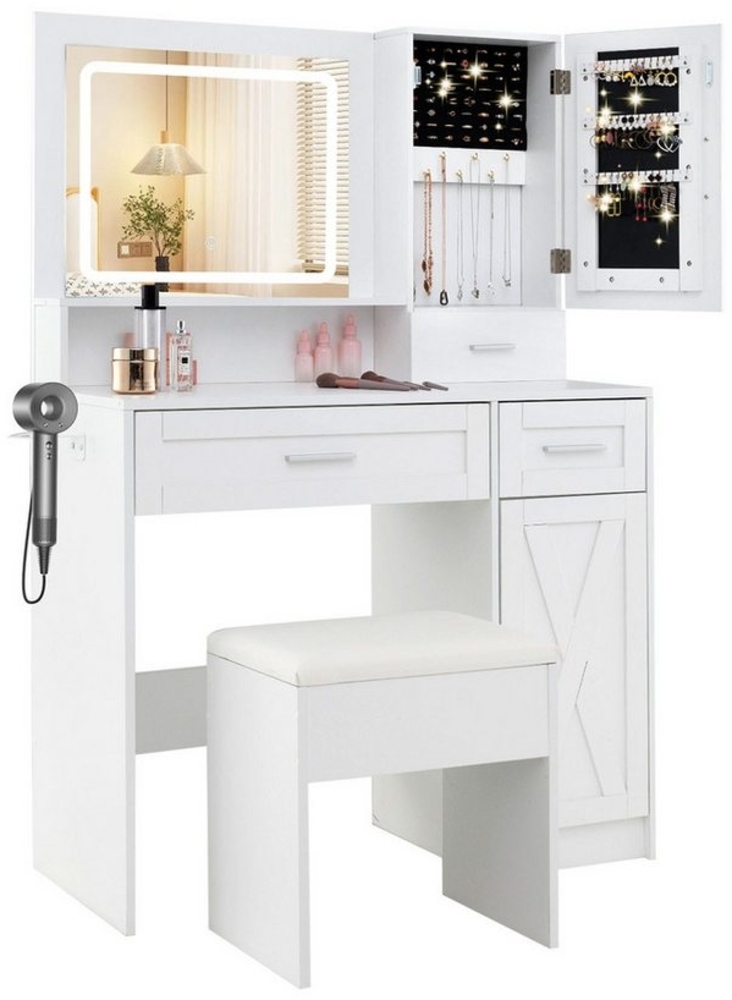 COSTWAY Schminktisch (1-St), mit LED, Ladestation, Schubladen, Schmuckschrank, Hocker Bild 1