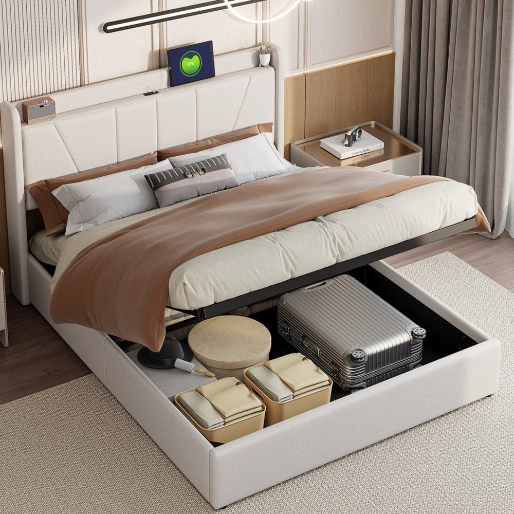Furnishings Home Stauraumbett Polsterbett Doppelbett Mit Ladefunktion (hydraulisch hebbarem Stauraum), Mit 2 USB + 1 TYPE-C, Leinen, 140x200 cm Bild 1