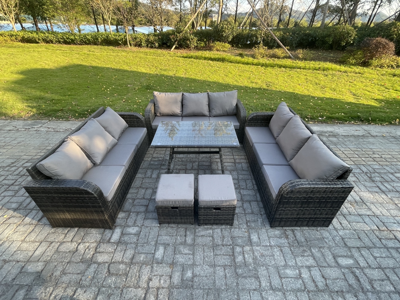 Fimous 11-Sitzer Polyrattan Gartenmöbel Set mit Rechteckiger Esstisch 2 kleine Fußhockern Polyrattan Garten Sofa im Freien Set Bild 1