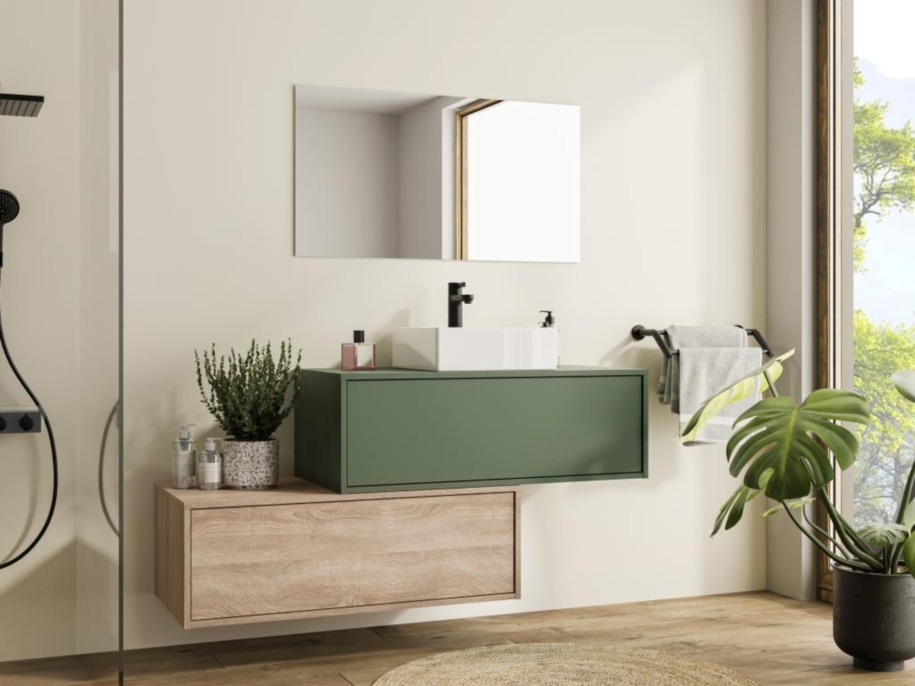 Vente-unique - Waschbeckenunterschrank hängend mit Einzelwaschbecken & zwei Schubladen - Grün & Holzfarben hell - 94 cm - TEANA II Bild 1