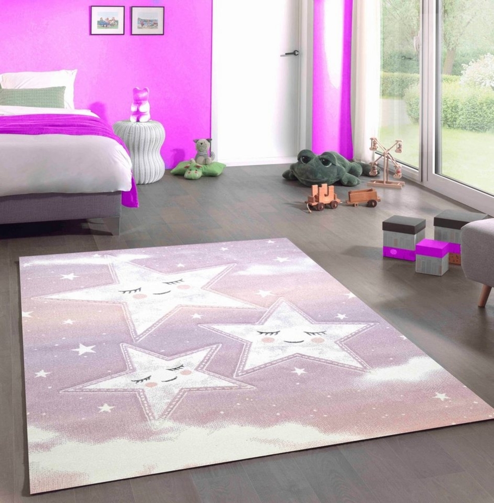 Carpetia Kinderteppich Spiel Teppich Kinderzimmer Sterne Himmel Wolken Design rosa creme, rechteckig, Höhe: 13 mm Bild 1