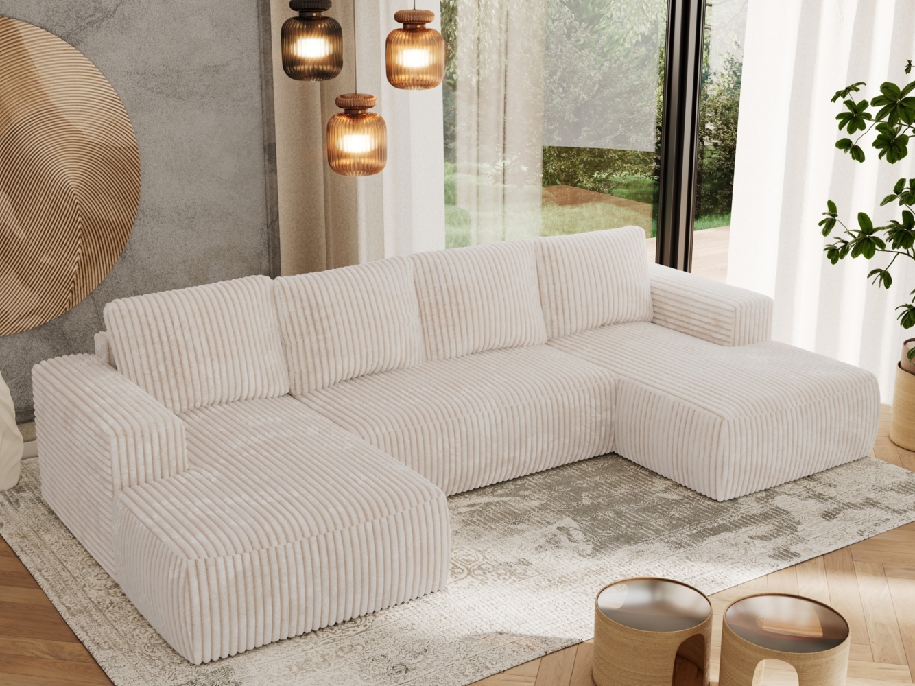 U-förmiges Ecksofa mit Schlaffunktion, Bettkasten und losen Kissen, zwei Armlehnen - TRENTINO U - Beige Cord Bild 1