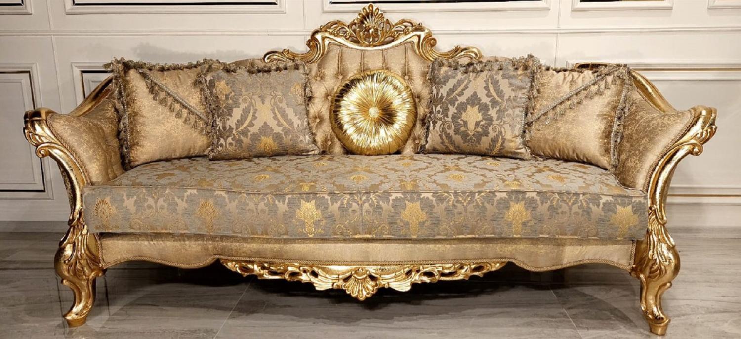 Casa Padrino Luxus Barock Sofa Gold / Grau / Gold - Prunkvolles Wohnzimmer Sofa mit elegantem Muster - Barock Wohnzimmer & Hotel Möbel - Edel & Prunkvoll Bild 1