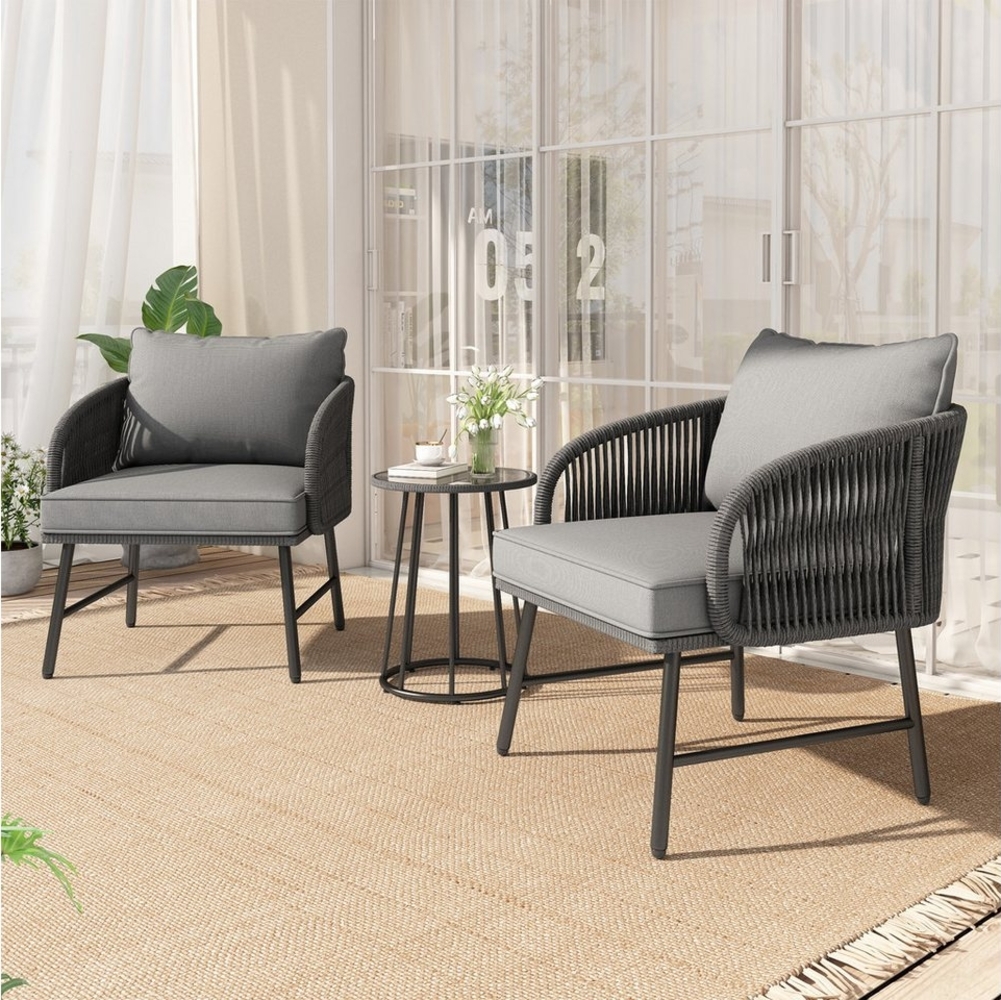 MODFU Gartenlounge-Set ergonomischem Stuhl und multifunktionalem Glastisch, (Freizeitsofa, Balkonset, Gartensofa, 3-tlg, 2 Sofas, 1 Tisch), Outdoor-Möbelset mit handgewebtem Geflecht aus verzinktem Stahl Bild 1