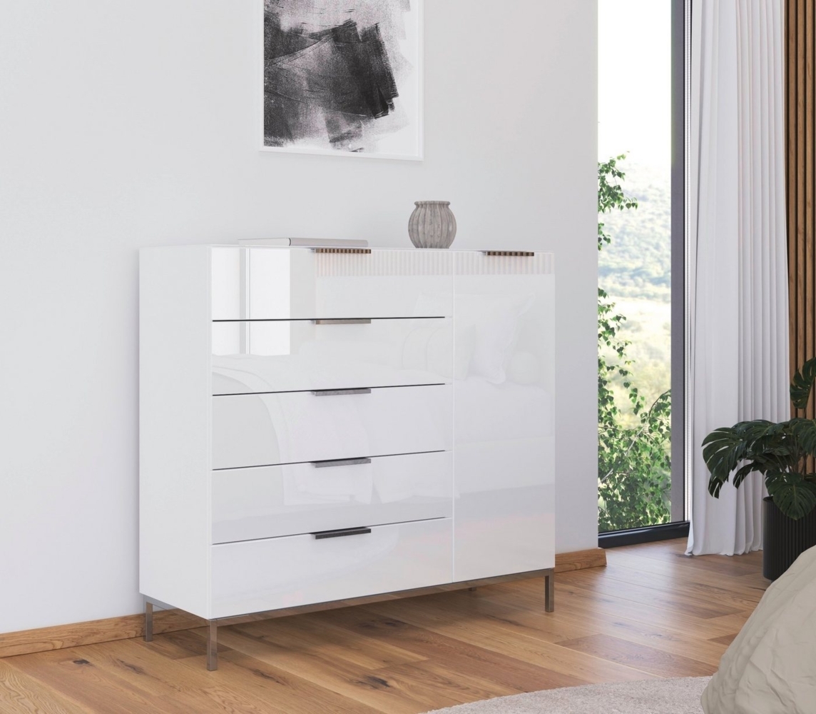 rauch Kombikommode Kommode Türkommode Sideboard Kombikommode FLIPP mit Glasfront (Breite 120 cm mit 2 Einlegeböden), 1-türig, 5 Schubladen, Soft-Close-Funktion, Oberboden und Front Glas Bild 1