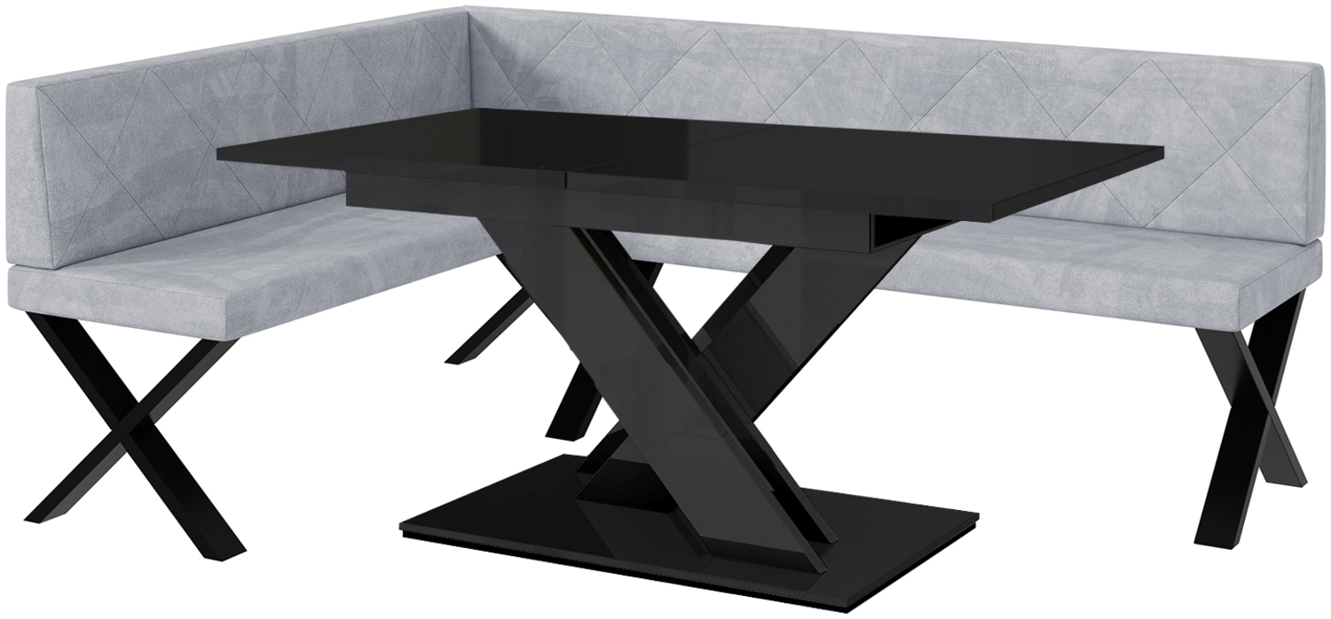 MEBLINI Eckbank für Esszimmer mit ausziehbarem Tisch - Küchenbank - Essecke - Sitzecke Küche - ERIC - X-Beine 142 x 196 x 87 cm Links - Hellgrau Samt/B Schwarz Hochgl. Bild 1