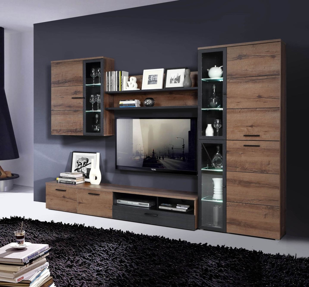 Wohnwand Anbauwand 4-teilig inkl. Beleuchtung schwarzeiche schlammeiche Bild 1