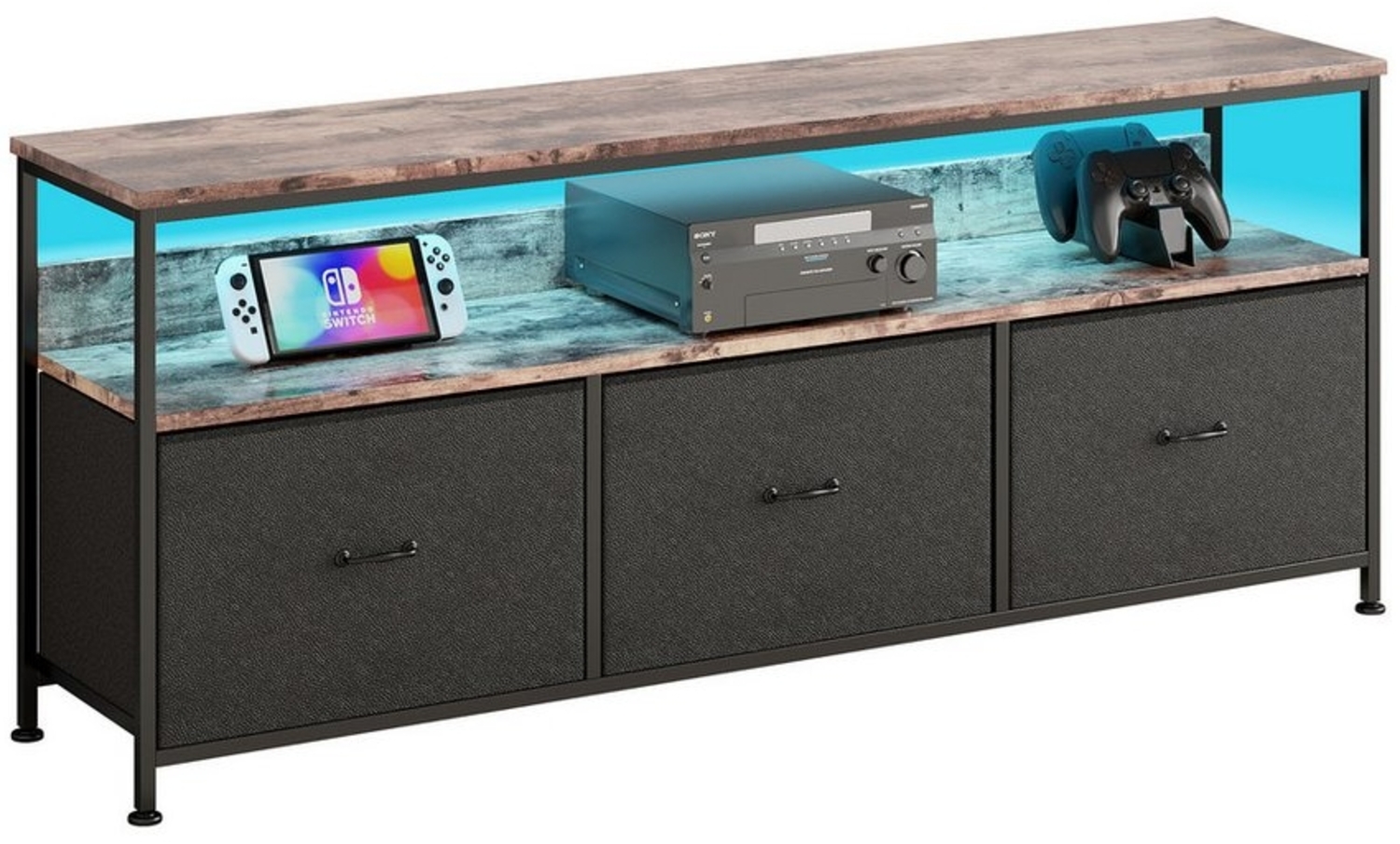 FUROKOY TV-Schrank Lowboard TV Schrank in wohnzimmer mit LED, Stahlrahmen Fernsehtisch Breite 108 cm, Tigerholz-Schwarz Bild 1