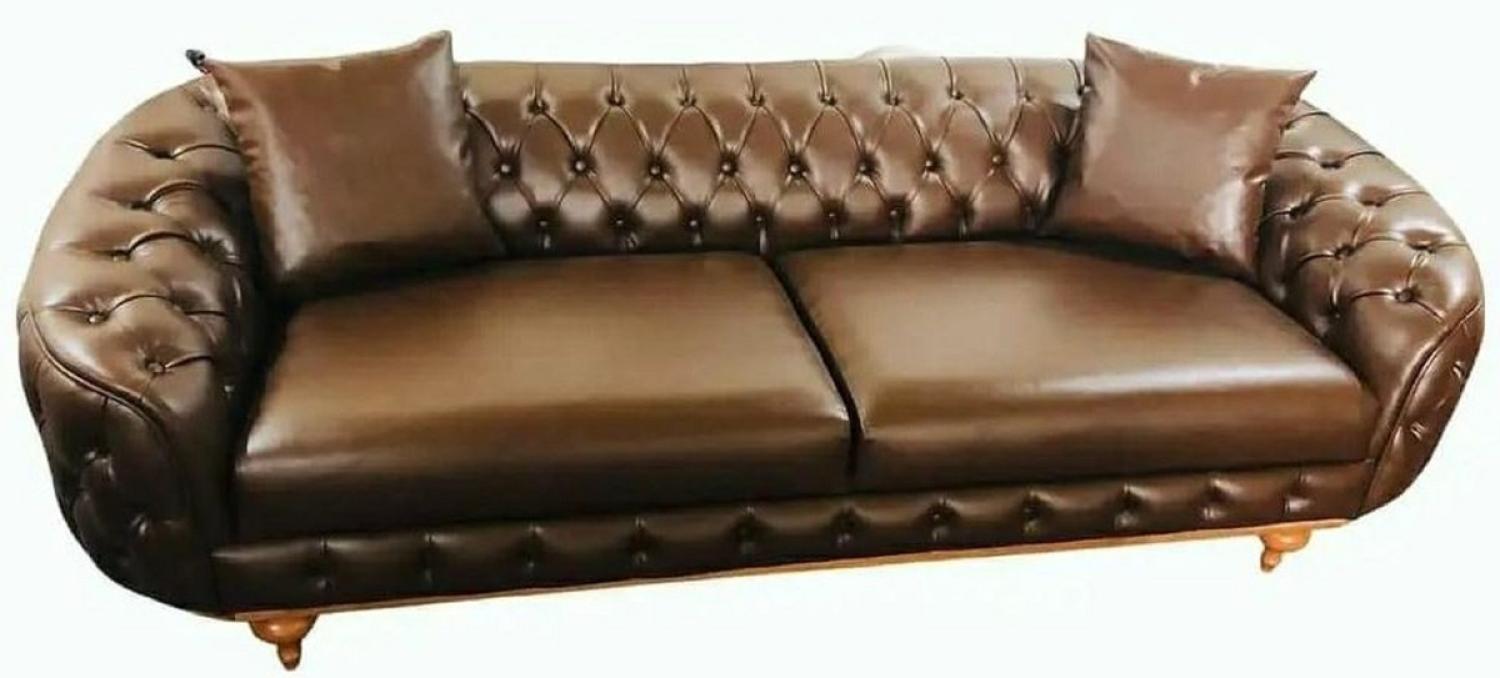 Casa Padrino Luxus Chesterfield Kunstleder Sofa Dunkelbraun / Naturfarben - Wohnzimmer Sofa - Wohnzimmer Möbel - Luxus Möbel - Wohnzimmer Einrichtung - Luxus Einrichtung - Möbel Luxus Bild 1