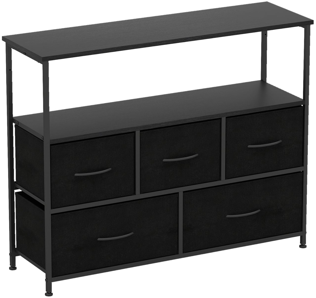 Kommode breiter Schrank mit 2 offenen Holzregalen 5 Schubladen & robustem Metallrahmen Schwarz Bild 1