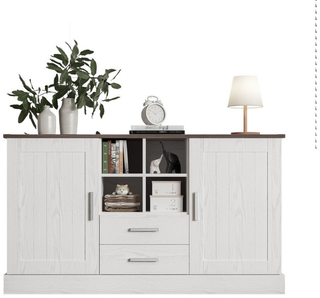 OKWISH Sideboard rustikalen Landhausstil (Anrichte,Kommode mit viel Stauraum, 1 St, 2 Türen, 2 Schubladen), mit weiße und braune Holzmaserung Bild 1