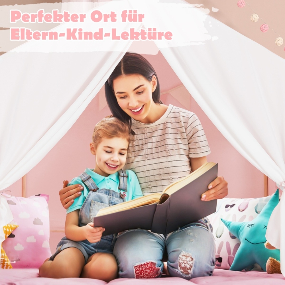 Kinderzelt mit waschbarer Baumwollmatte & Flaggenbanner Spielzelt mit Fenstern 131 x 91 x 131 cm Rosa Bild 1