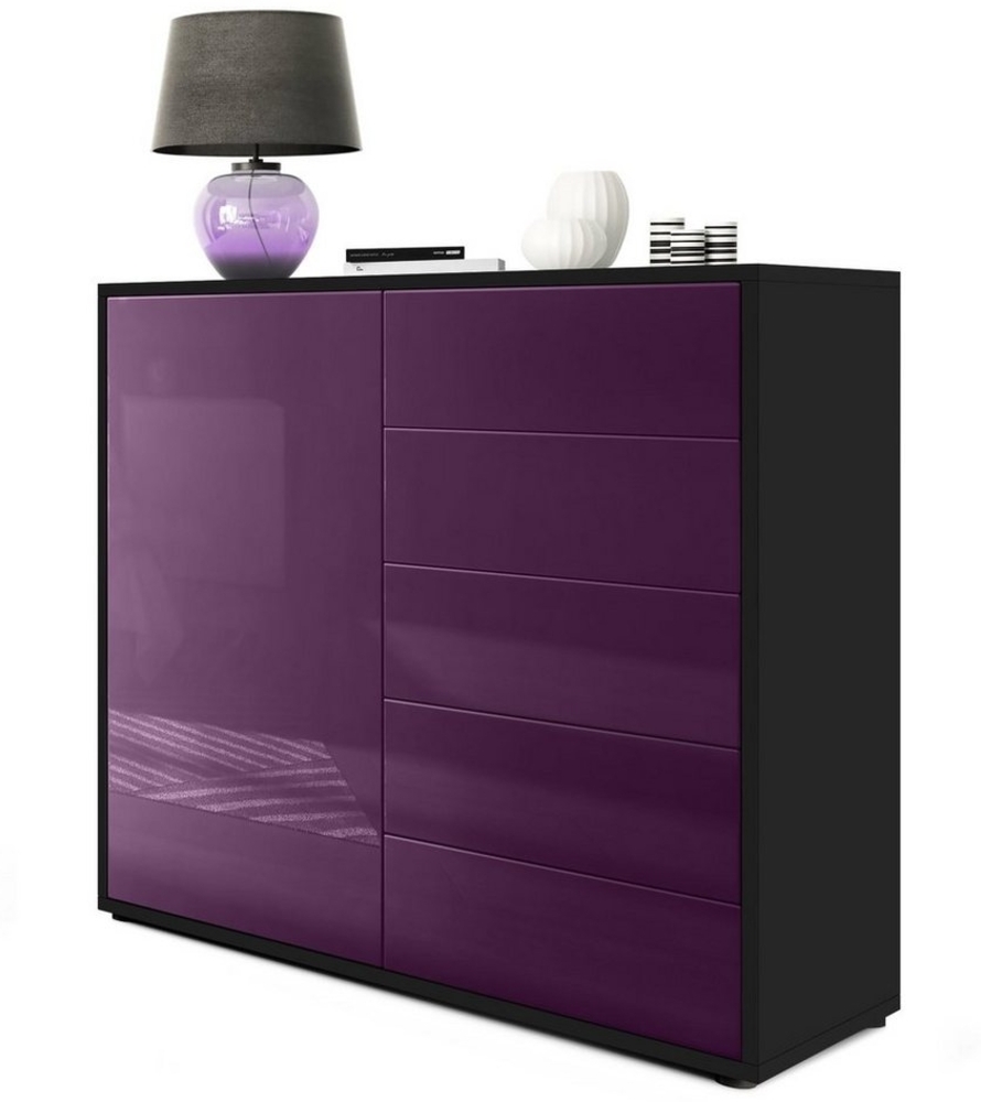 Vladon Sideboard Ben V2, Kommode mit 1 Tür und 5 Schubladen, Schwarz matt/Brombeer Hochglanz (79 x 74 x 36 cm) Bild 1