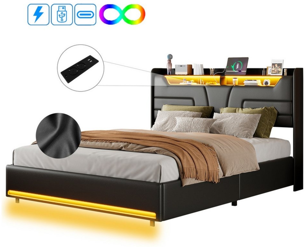 FUROKOY Polsterbett LED Hydraulisches Doppelbett Funktionsbett (mit USB-Anschluss und Steckdose, 1-tlg, LED Beleuchtung), 140x200cm Stauraumbett,Kunstleder,Schwarz Bild 1