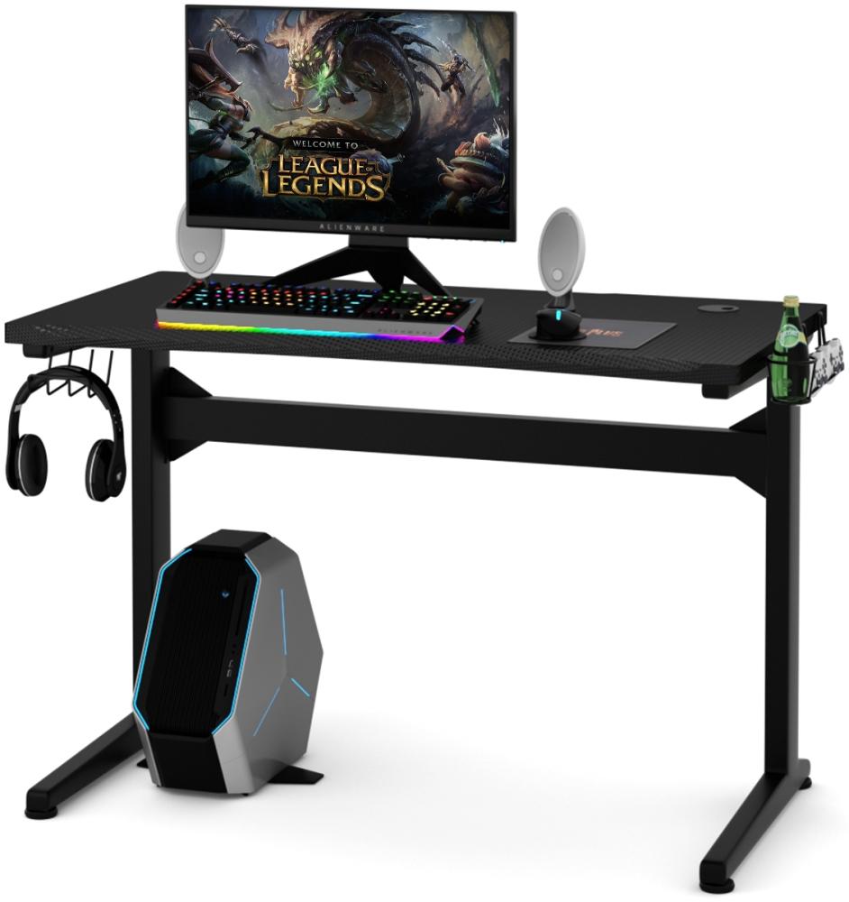 COSTWAY Gamingtisch, Ergonomischer Schreibtisch mit mit Tassen- und Kopfhörerhalter, Mauspad, E-Sports Tisch mit T-förmiges Stahlgestell, Computertisch für Zuhause Büro Spielzimmer, Schwarz Bild 1