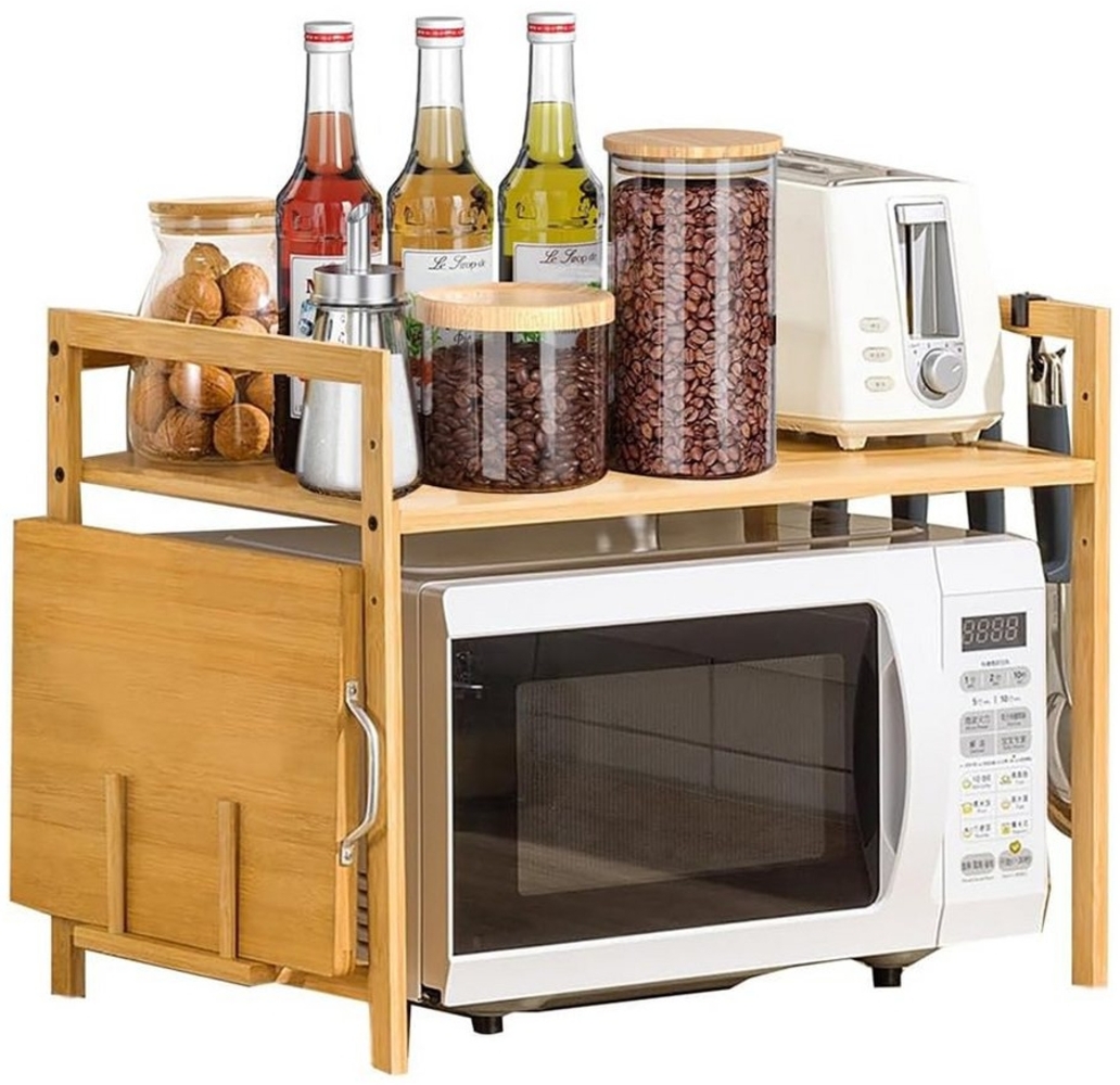 NUODWELL Küchenregal Mikrowellen Regal, Microwave Stand mit Schneidebrettständer und Hacken, 2 Ebenen Erweiterbares Bamboo Mikrowellenständer Bild 1