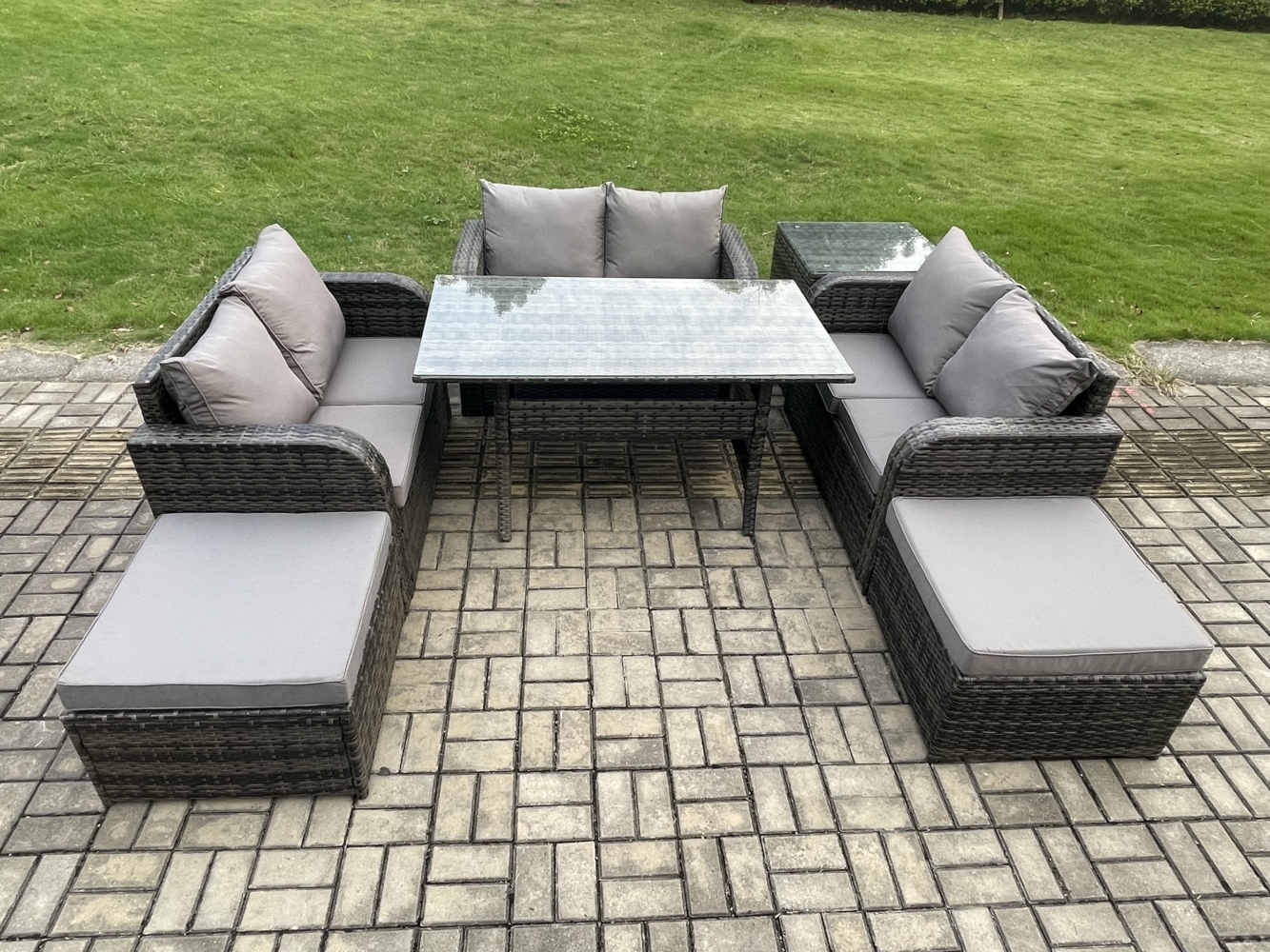 Fimous Outdoor Gartenmöbel-Set Lounge Sofa Set mit Langer rechteckiger Esstisch 2 Großer Hockern Beistelltisch Bild 1