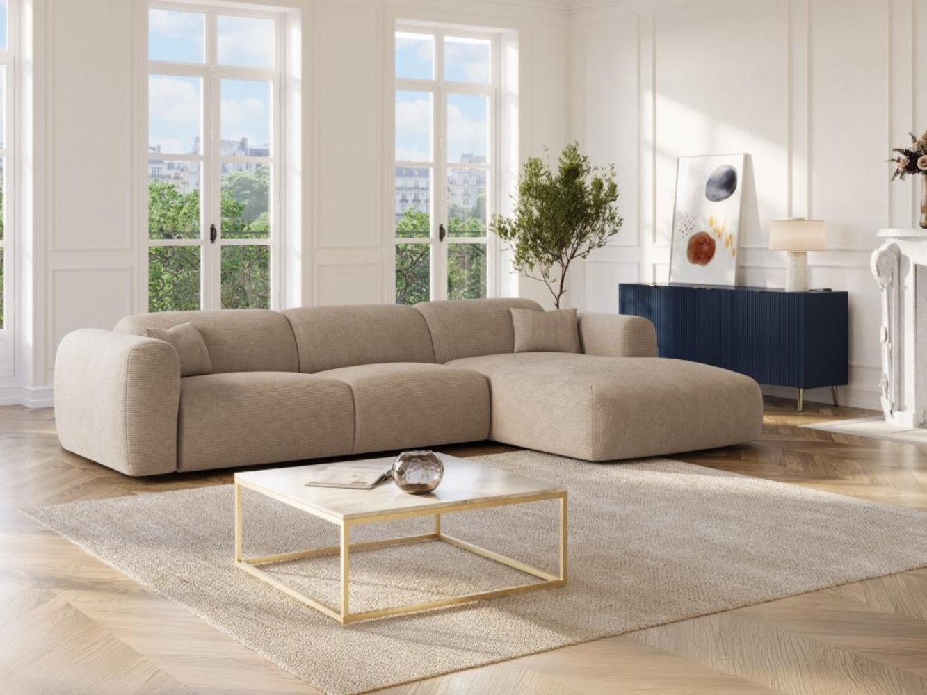 Vente-unique - Ecksofa mit Schlaffunktion - Ecke rechts - Cord fein gerippt - Beige - POGNI Bild 1