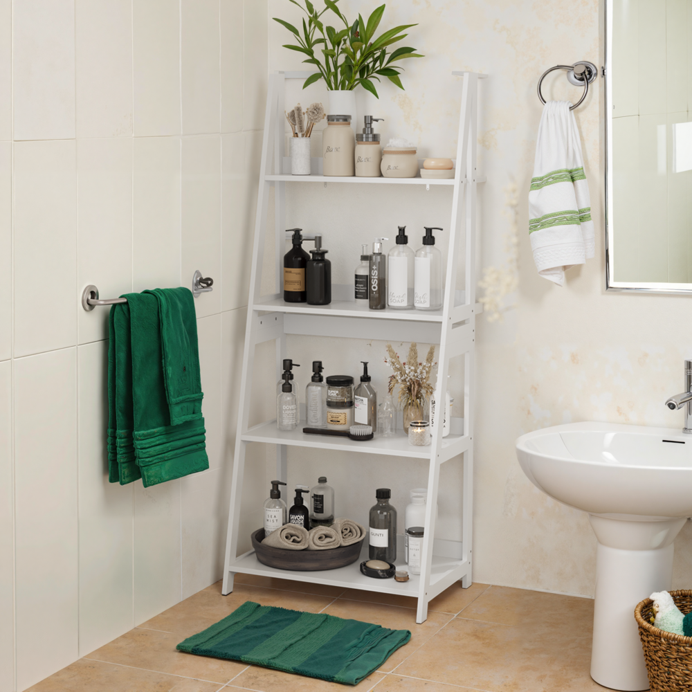 Leiterregal Weiß 4 Ebenen, Bücherregal Holz mit Treppendesign, Dekoregal Pflanzregal für Wohnzimmer, Büro, Bad Bild 1