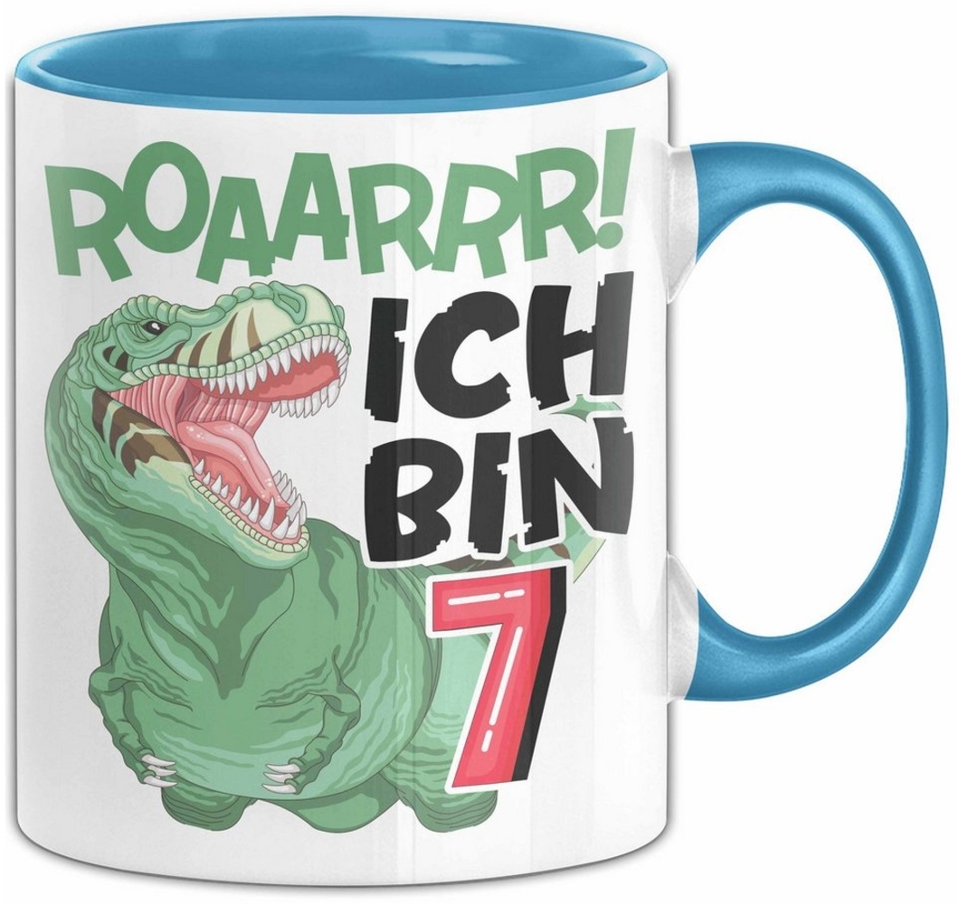 Trendation Tasse 7. Geburtstag Geschenk Tasse Becher Jungs Dino T-Rex Roaarrr Ich Bin 7 Bild 1