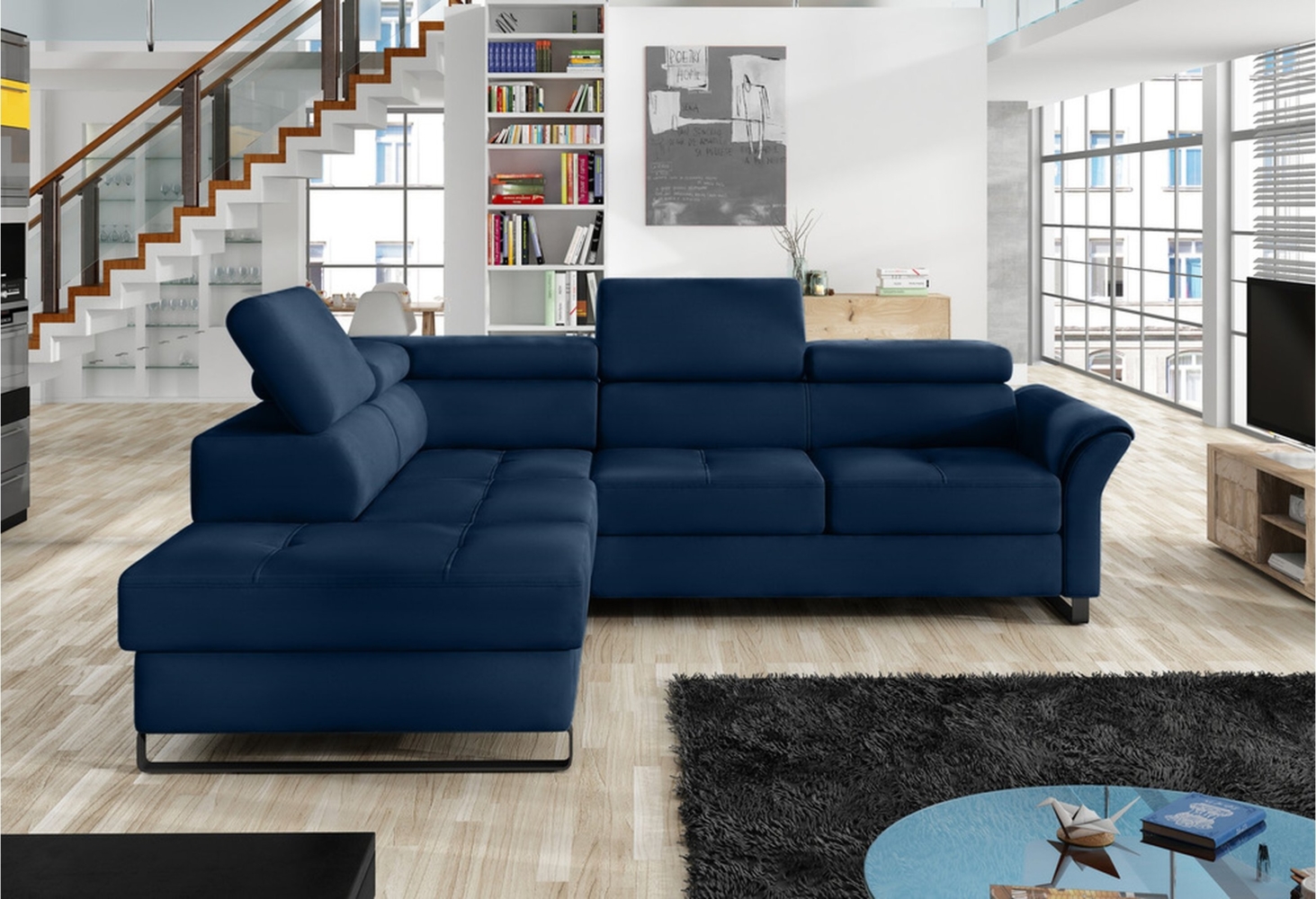 Stylefy Aventine Ecksofa Velours Blau Links Bild 1