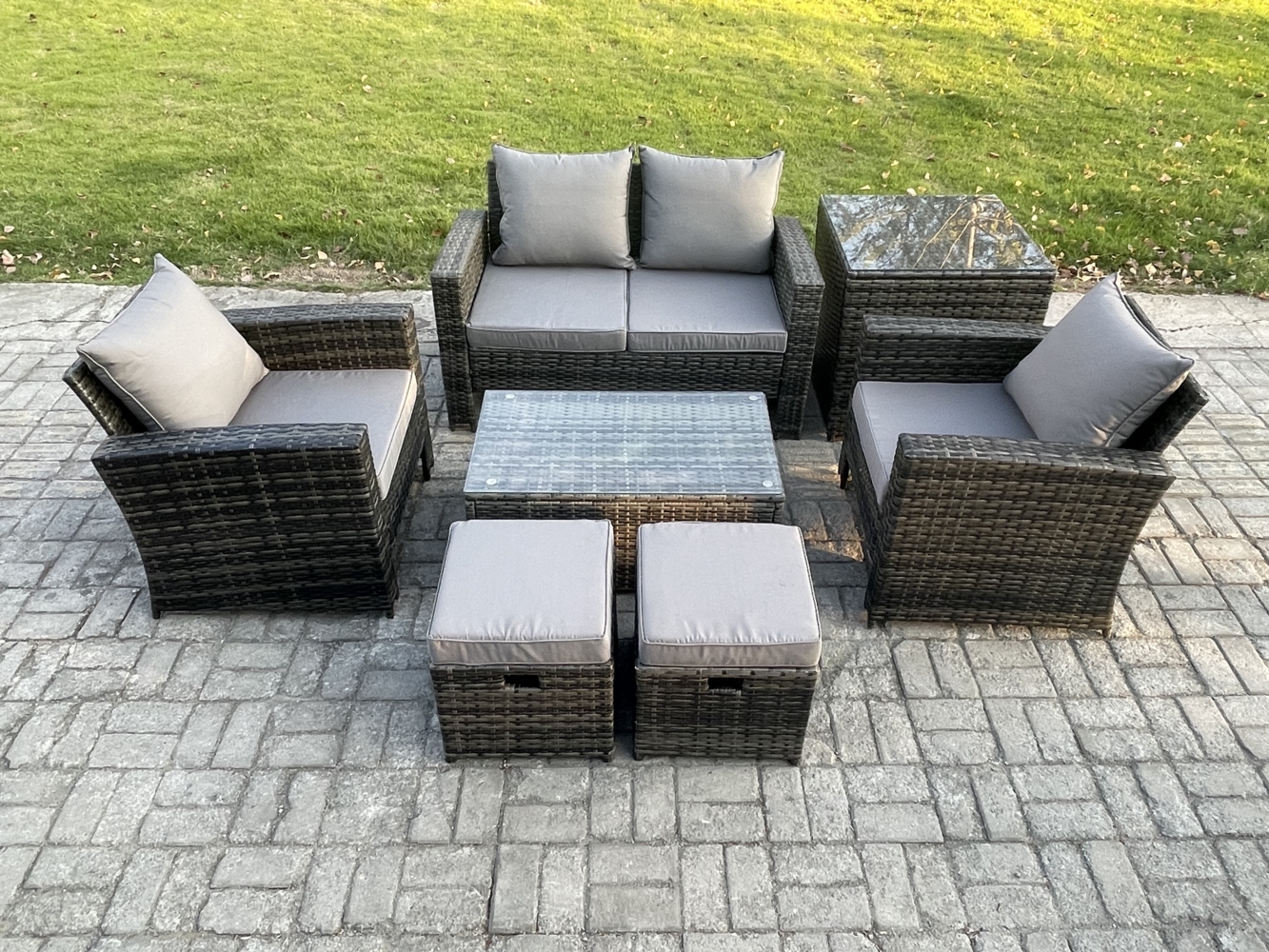 Fimous Garten Lounge Set Polyrattan Gartenmöbel Set mit Rechteckig Couchtisch Doppelsitz-Sofa Beistelltische 2 Kleiner Fußhocker Dunkelgrau Gemischt Bild 1