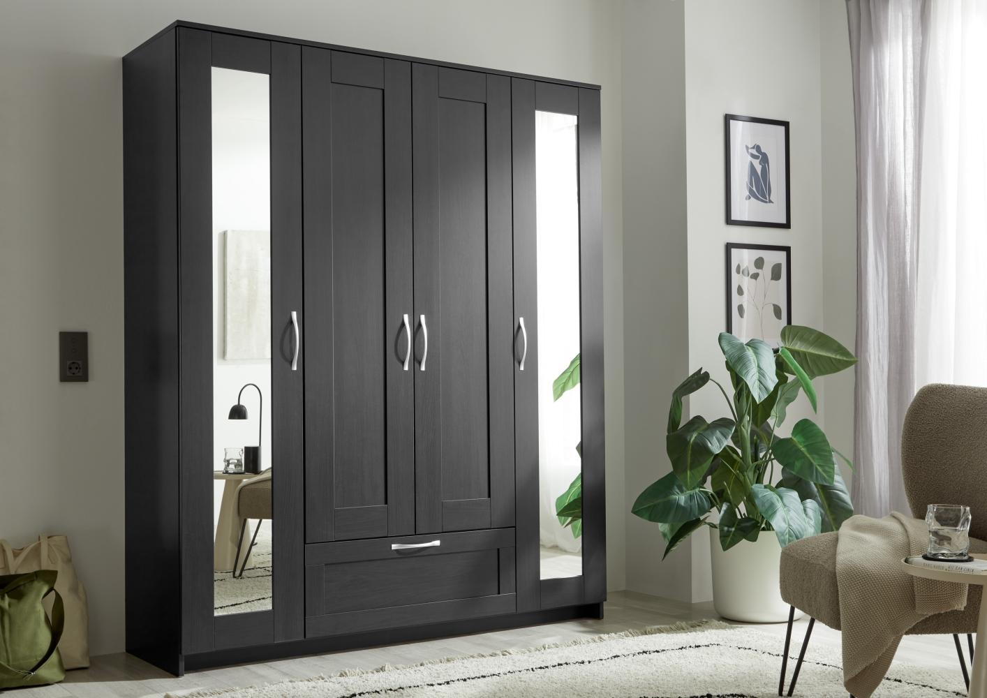 SALIAS Kleiderschrank mit Spiegeltüren in Schwarz - Vielseitiger Drehtürenschrank 4-türig für Ihr Schlafzimmer - 156 x 190 x 50 cm (B/H/T) Bild 1