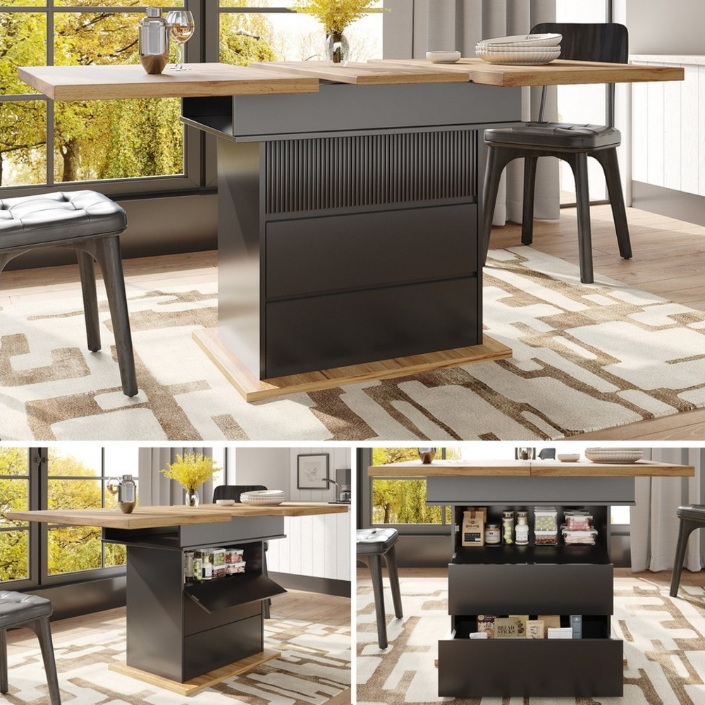 Flieks Esstisch ausziehbarer Küchentisch mit 2 Schubladen und 1 Klappen (für 4-6 Personen, 1-St, 1 Tisch, Breite 110-140/T80/H75 cm), erweiterbarer Tisch rechteckig mit Stauraum Teleskoptisch schwarz Bild 1