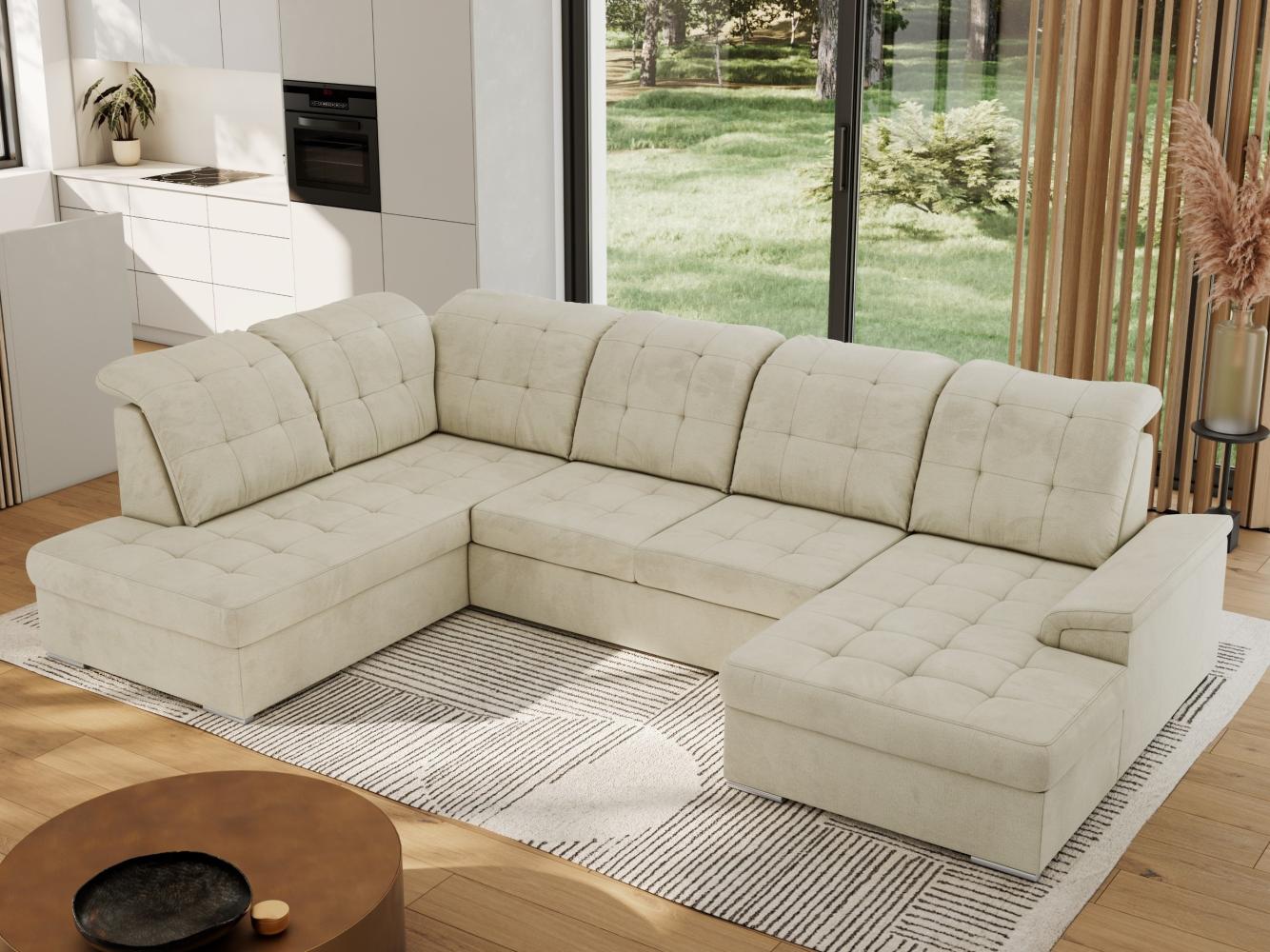 Ecksofa, Wohnzimmer U Couch, Polstersofa mit Bettkasten - MADRITO U - Beige Velorus - Links Bild 1