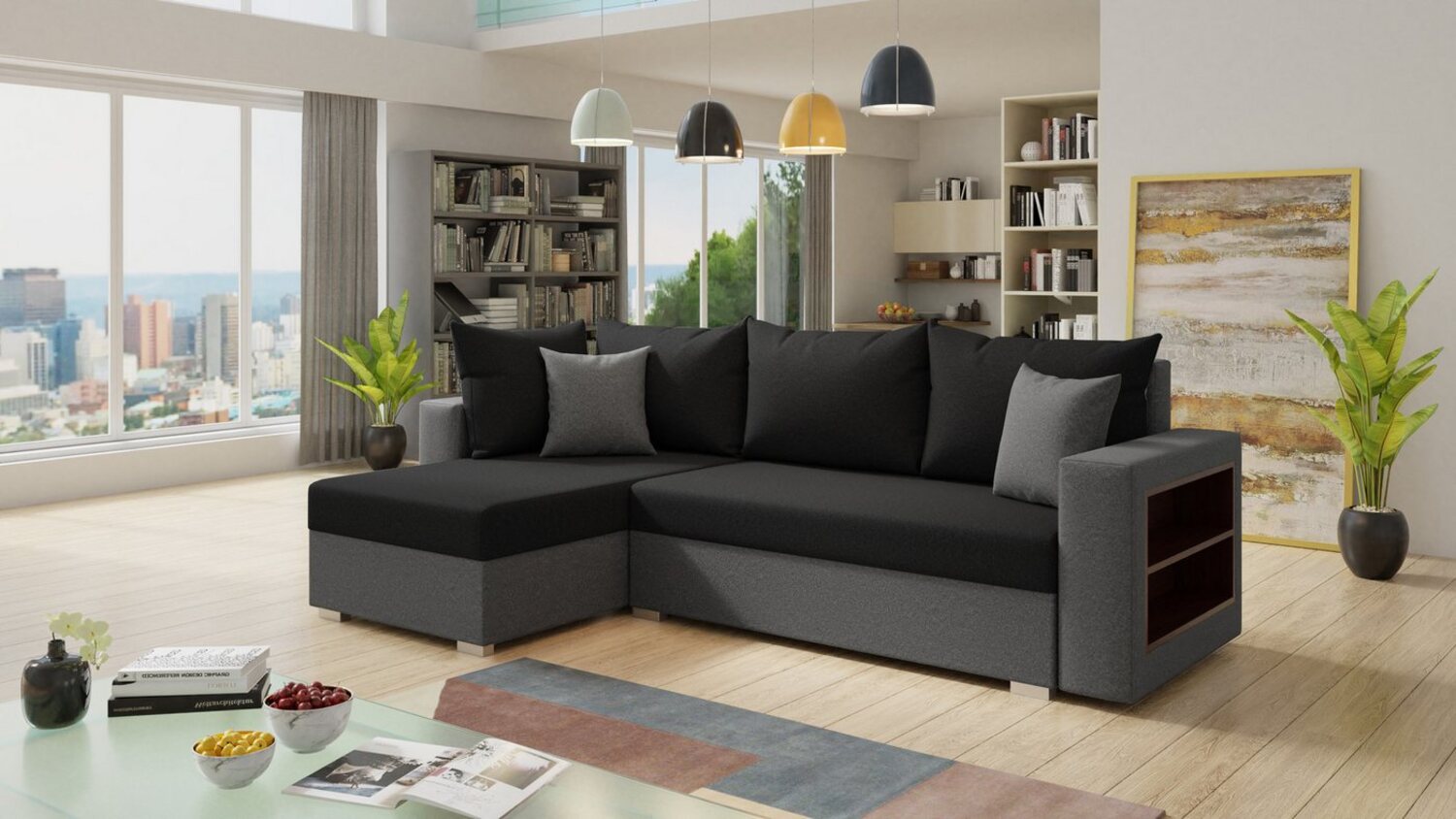 Ecksofa Lord mit praktischen Regal - Sofa mit Bettkasten und Schlaffunktion, Schlafsofa, Polsterecke, Couch L-Form, Couchgarnitur, Sofagarnitur (Grau + Schwarz (Alova 10 + 04), Ecksofa Links) Bild 1