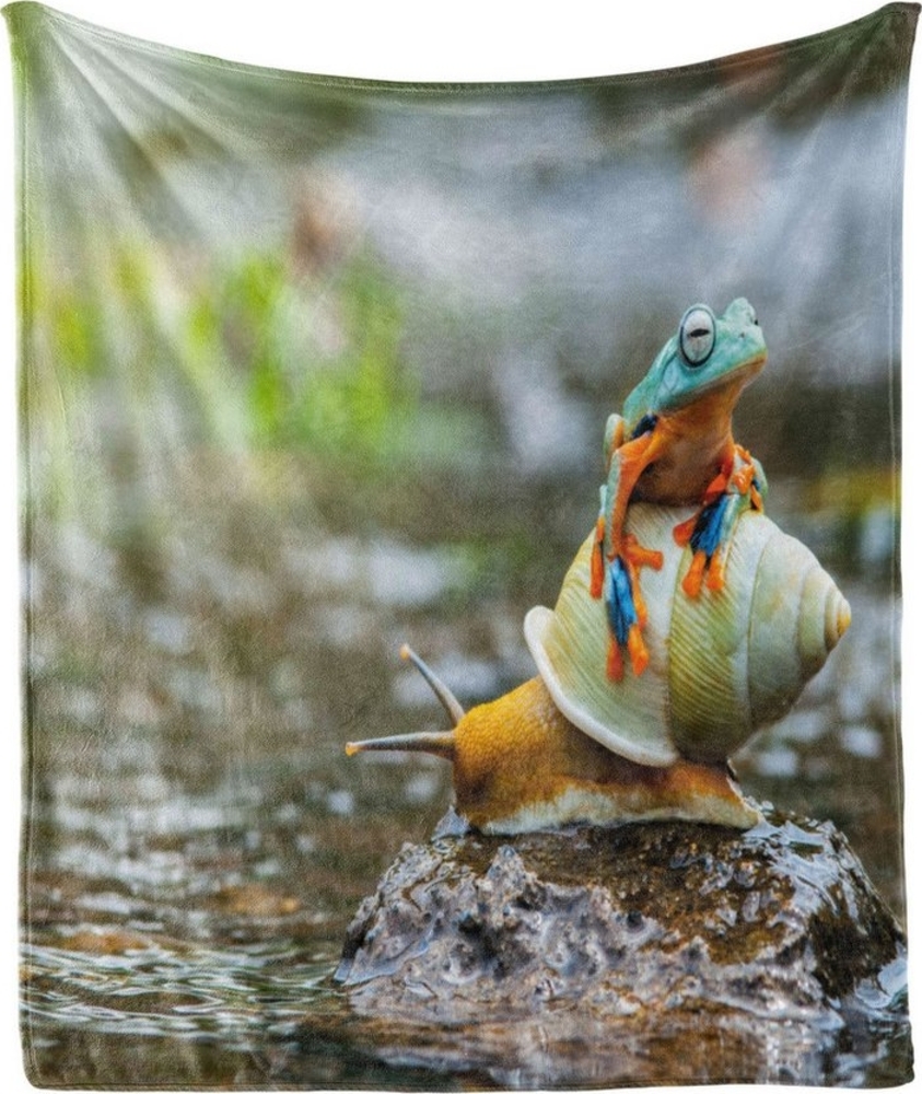 Wohndecke Gemütlicher Plüsch für den Innen- und Außenbereich, Abakuhaus, Lustig Frosch Oberhalb der Schnecke Bild 1