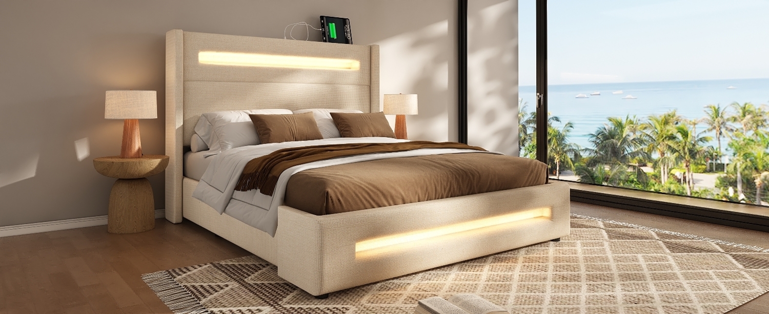 Polsterbett 140x200 cm, Leinenoptik, hydraulischer Bettkasten mit LED & USB/Type-C, Beige Bild 1