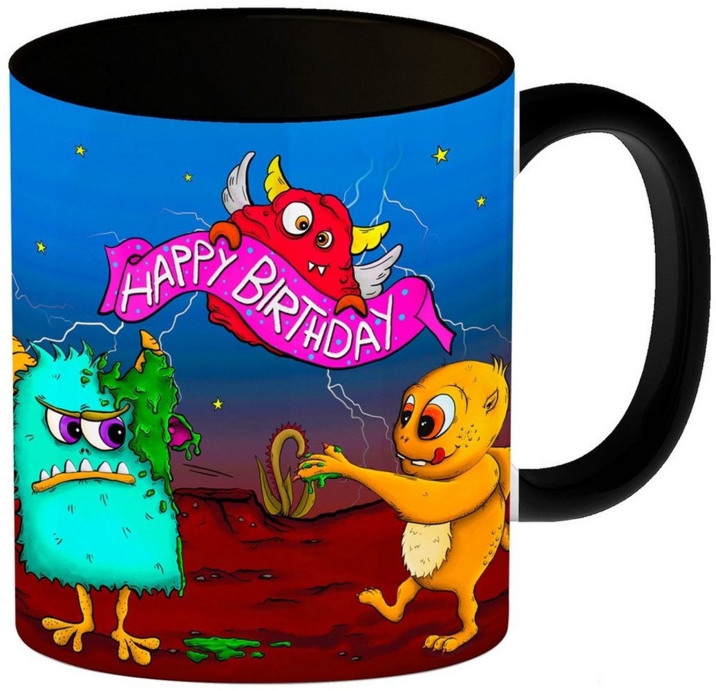 speecheese Tasse Happy Birthday Kaffeebecher Henkel und Innenseite Schwarz mit Monster Bild 1