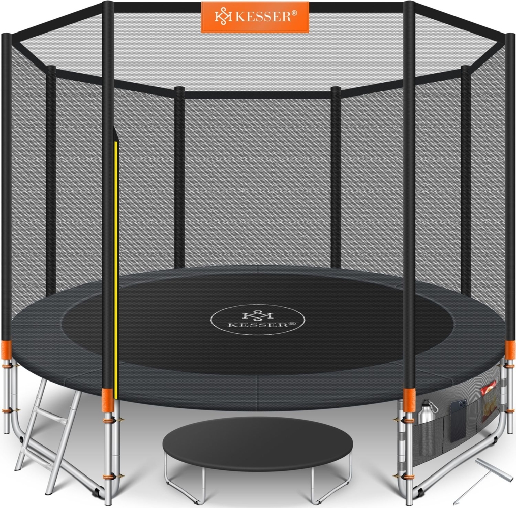 KESSER® - Trampolin | TÜV Rheinland GS Zertifiziert | Komplettset mit Sicherheitsnetz, Leiter, Randabdeckung, Seitentasche & Zubehör | Kindertrampolin Gartentrampolin Belastbarkeit 150 kg Orange, 366 cm Bild 1